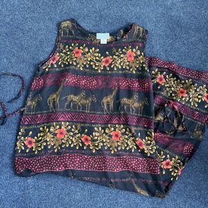 Vintage Jane Ashley Dress Womens Medium Black Safari Animal Floral Maxi Rayon